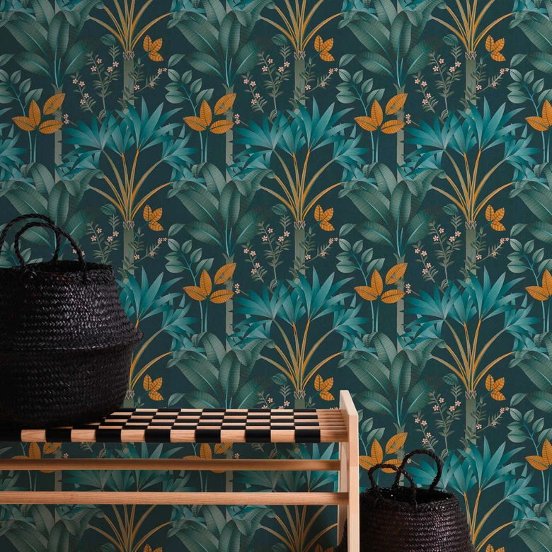 graphic jungle wallpaper blue orange - non-woven wallpaper palm leaves 