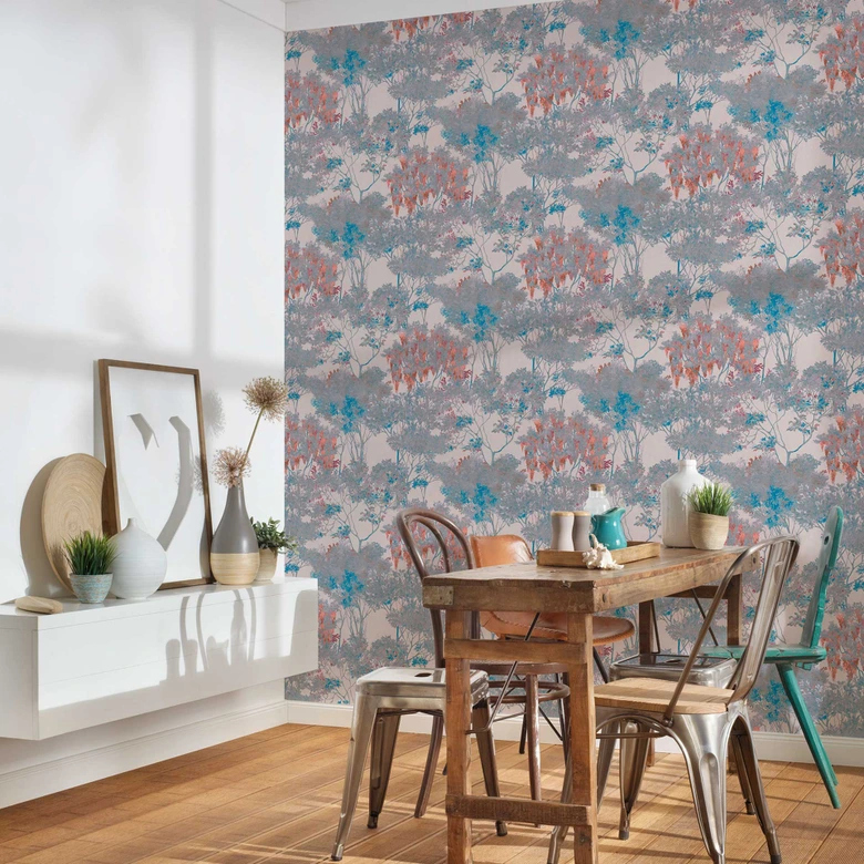 non-woven wallpaper flowers with trees beige grey - watercolour wallpaper red blue 