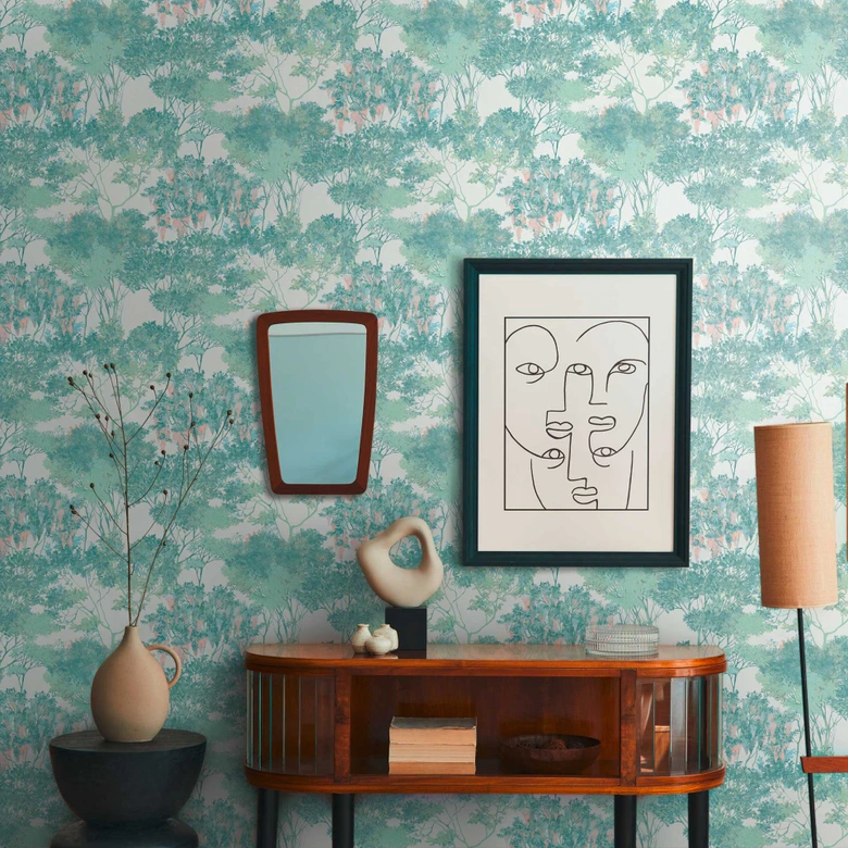 floral fleece wallpaper with trees white green - watercolour wallpaper beige 
