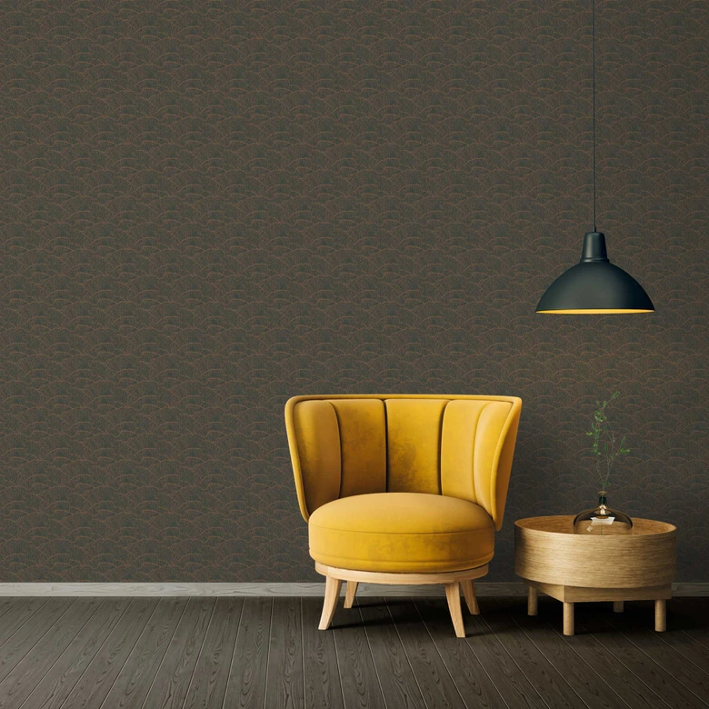 papier peint à motif graphique ondulé or vert - papier peint à effet métallique 