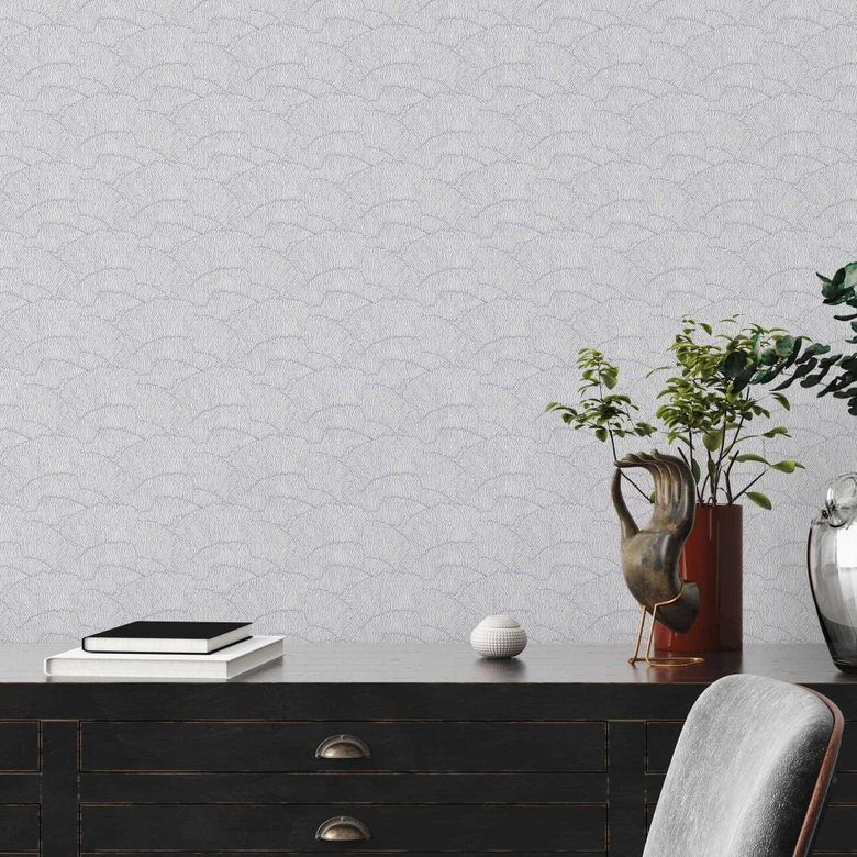 grafisch golfpatroon behang zilver wit - vliesbehang metallic effect 