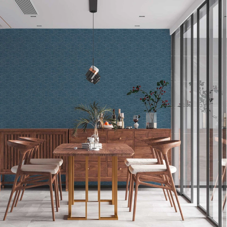 papier peint à motif graphique bleu argenté - papier peint intissé à effet métallique 