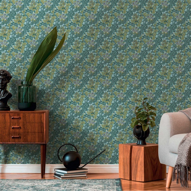 Mustertapete floral Grün Blau - Tapete mit Blumen und Blättern 