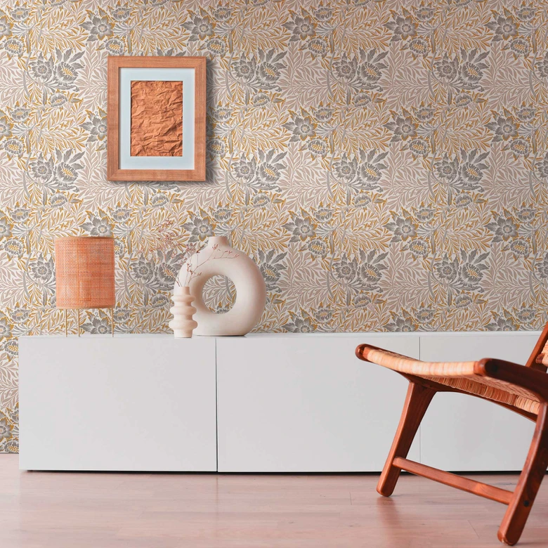 Papier peint intissé à motif floral Beige Or - papier peint à base d'herbes 