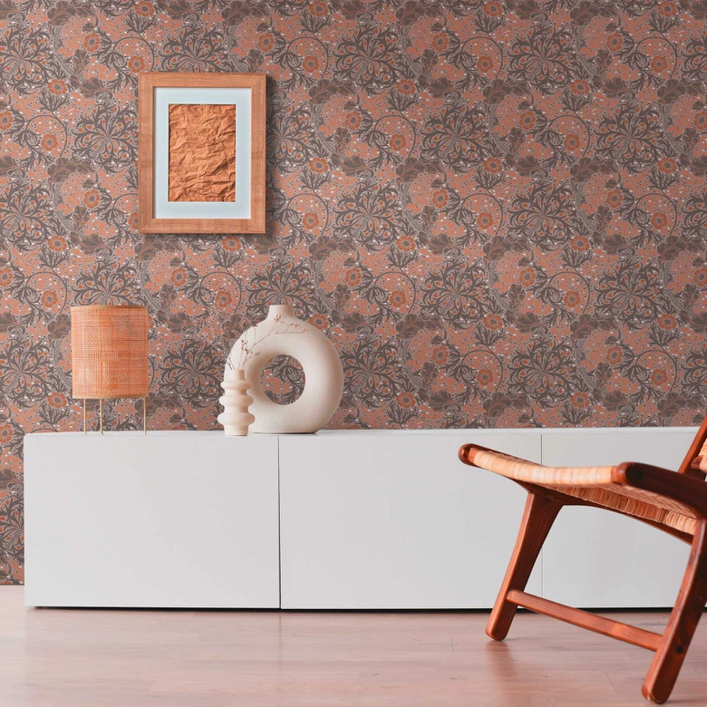 Papier peint avec rinceaux fleuris et fleurs Marron Orange - papier peint intissé floral 