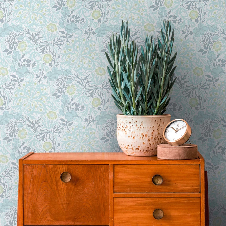 Papier peint avec rinceaux fleuris et fleurs bleu blanc - papier peint intissé floral 