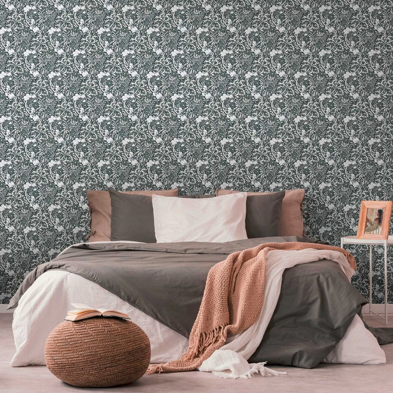 Papier peint avec rinceaux fleuris et fleurs noir et blanc - papier peint intissé floral 