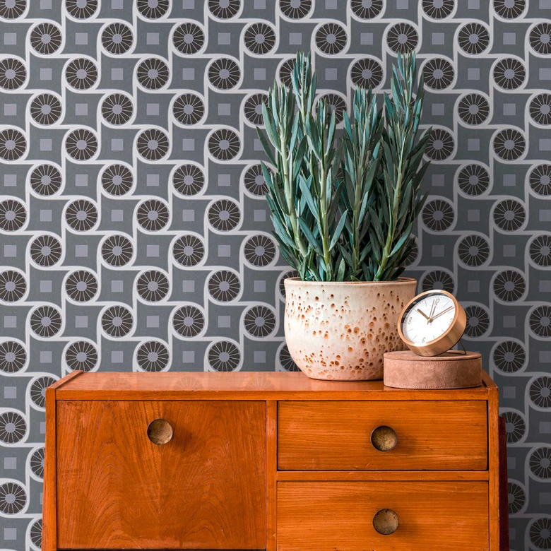 Papier peint graphique avec motif circulaire Noir Blanc - papier peint intissé style rétro 