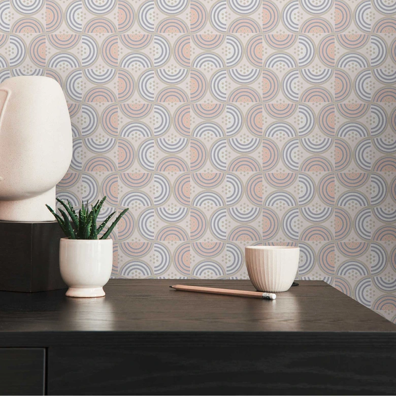 Papier peint avec vagues et lignes crème bleu - papier peint graphique intissé rétro 