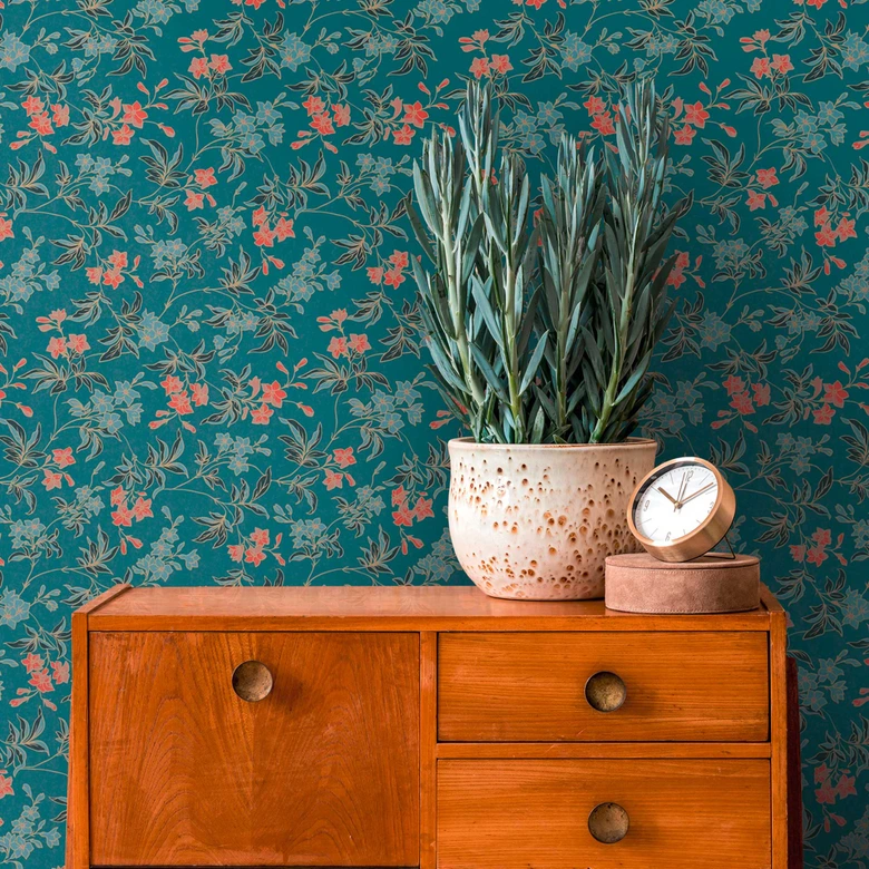 Papier peint fleuri avec fleurs rouge bleu - papier peint à motifs floraux moderne - papier peint intissé floral 