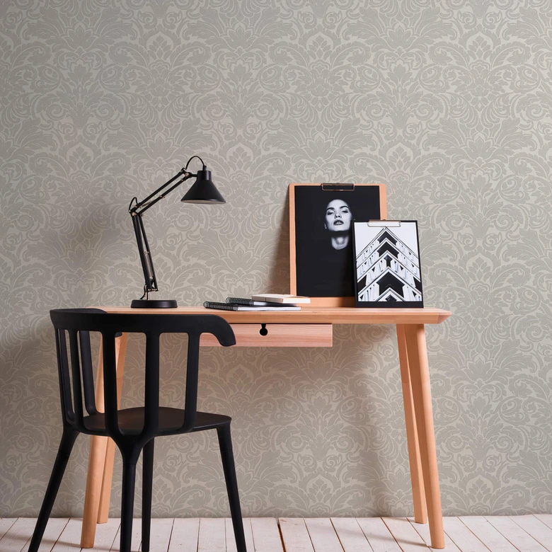 Baroque style wallpaper with glass beads ornamental wallpaper in silver and cream non-woven wallpaper 