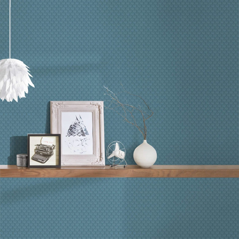 Unit wallpaper in blue and bronze A.S. Creation non-woven wallpaper with geometric pattern 