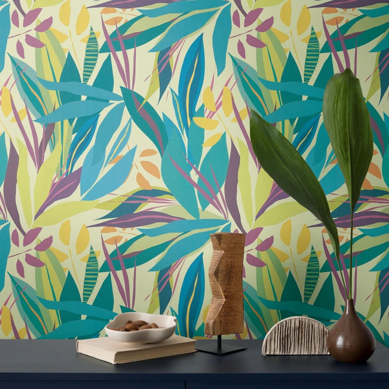 Tapeta tropikalna kolorowa jasnozielona - motyw egzotycznych liści - tapeta z włókniny nowoczesna 