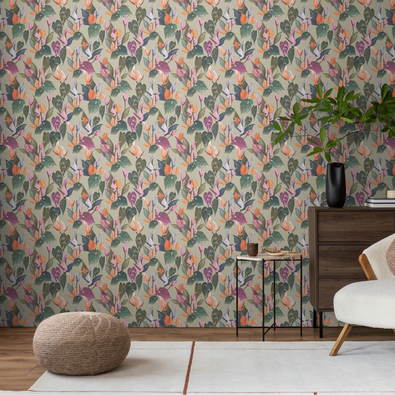 Blomstret tapet anthuriums farverig grøn beige - tropisk blomstermønster - Ikke-vævet tapet 
