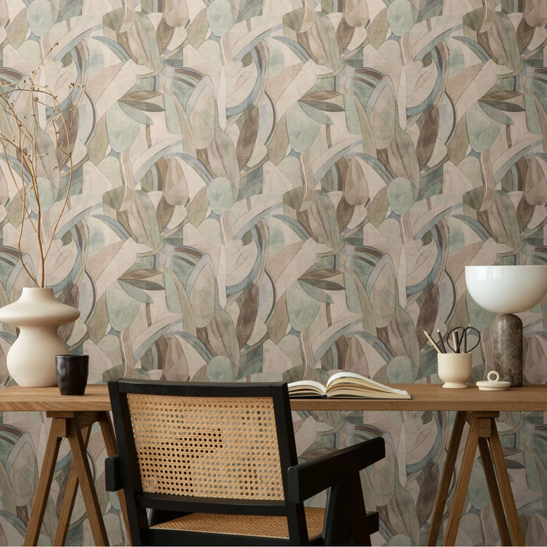 Abstrakte Blätter-Tapete in Beige Grün Blau – Sanfte Naturtöne – Vliestapete 
