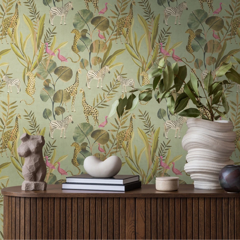 Safari tapet mintgrön färgglad - Icke-vävd tapet med djur och löv - mönster tapet 