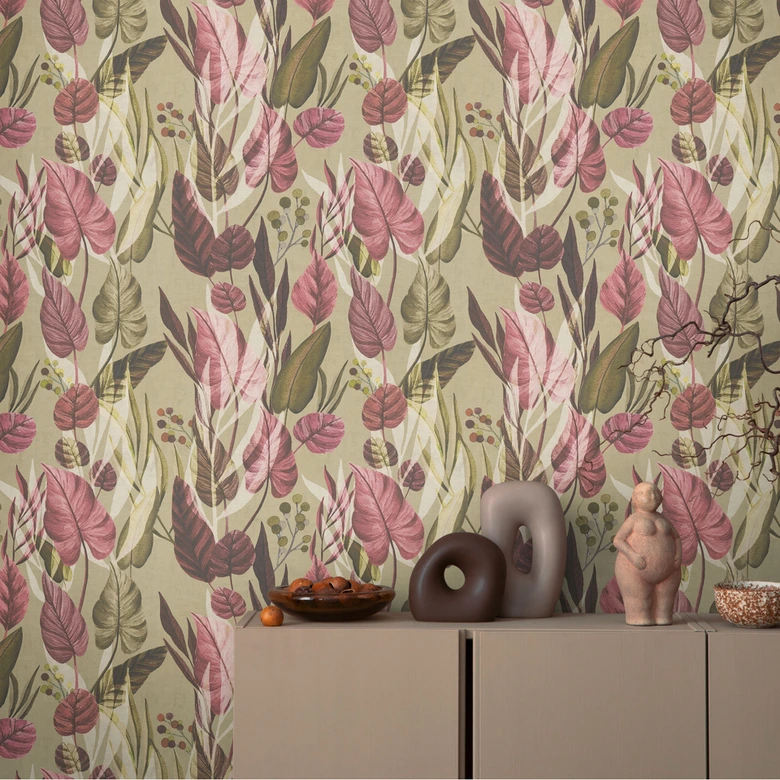 Botanisk tapet beige pink - Tapet med mønster og blade - Ikke-vævet tapet 