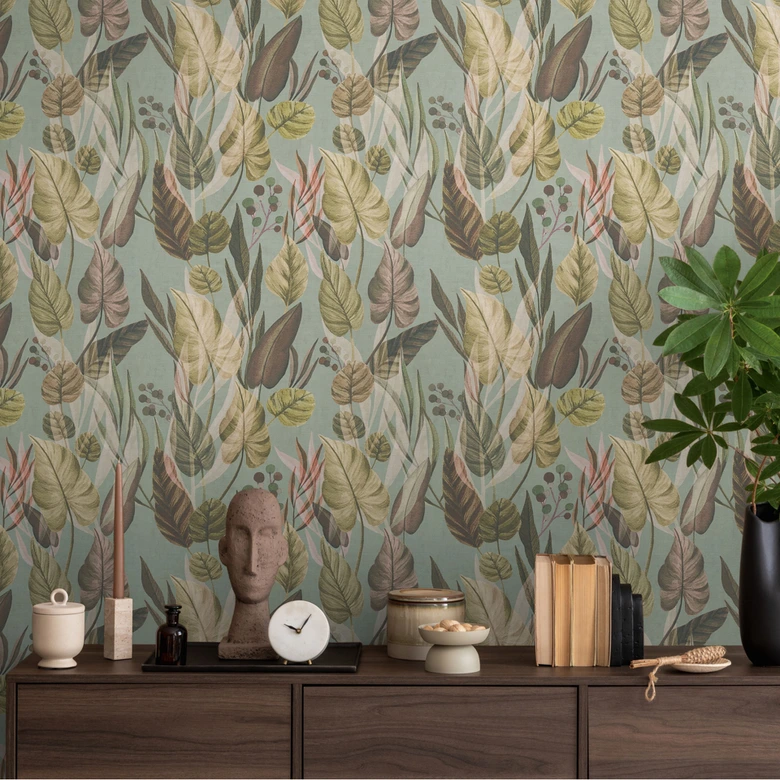 Botanik-Tapete Grün Beige – Dschungel-Mustertapete mit Pflanzen – Vliestapete 