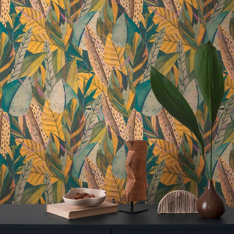 Dschungel-Tapete Gelb Grün – Bunte Blattoptik tropisch – Vliestapete modern 