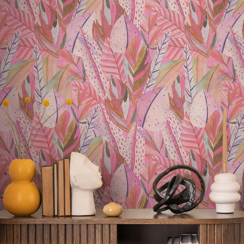 Djungel tapet rosa lila - exotiska blad starka färgglada - Icke-vävd tapet modern 