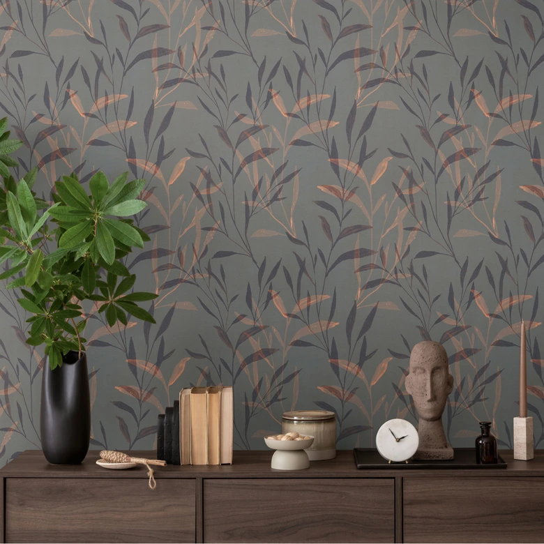 Papel pintado Hojas gris oscuro cobre - ramitas modernas mate - Papel pintado no tejido con brillo 