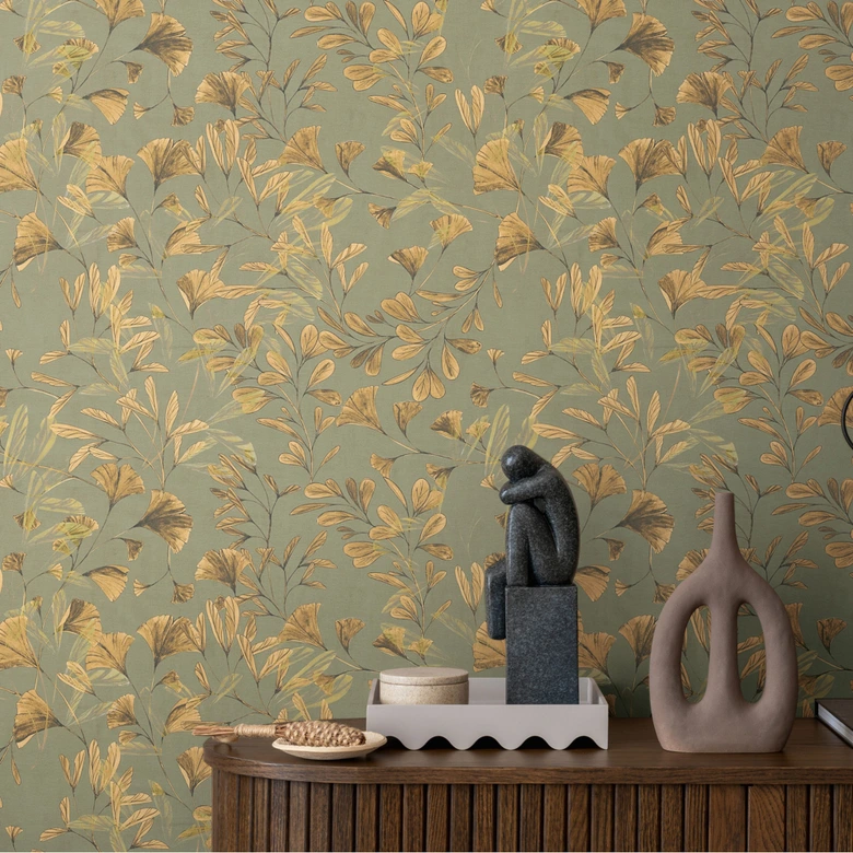 Florale Tapete Ginkgo-Blätter Grün Gelb – Naturmotiv mit Zweigen – Vliestapete modern 