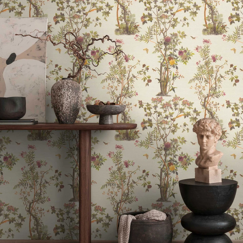 Papel pintado de motivo floral con mariposas crema verde rosa - Papel pintado no tejido motivo naturaleza 