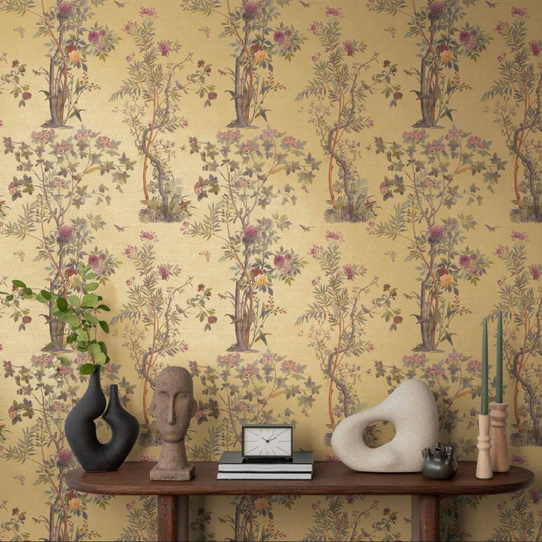 Tapety wg wzoru kwiatowego z motylami musztardowy żółty zielony różowy - tapeta z włókniny z motywem natury 