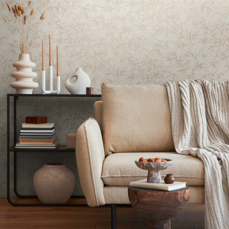 Blätter-Tapete Creme Beige - Dezente Mustertapete mit Bambus-Optik - Vliestapete 
