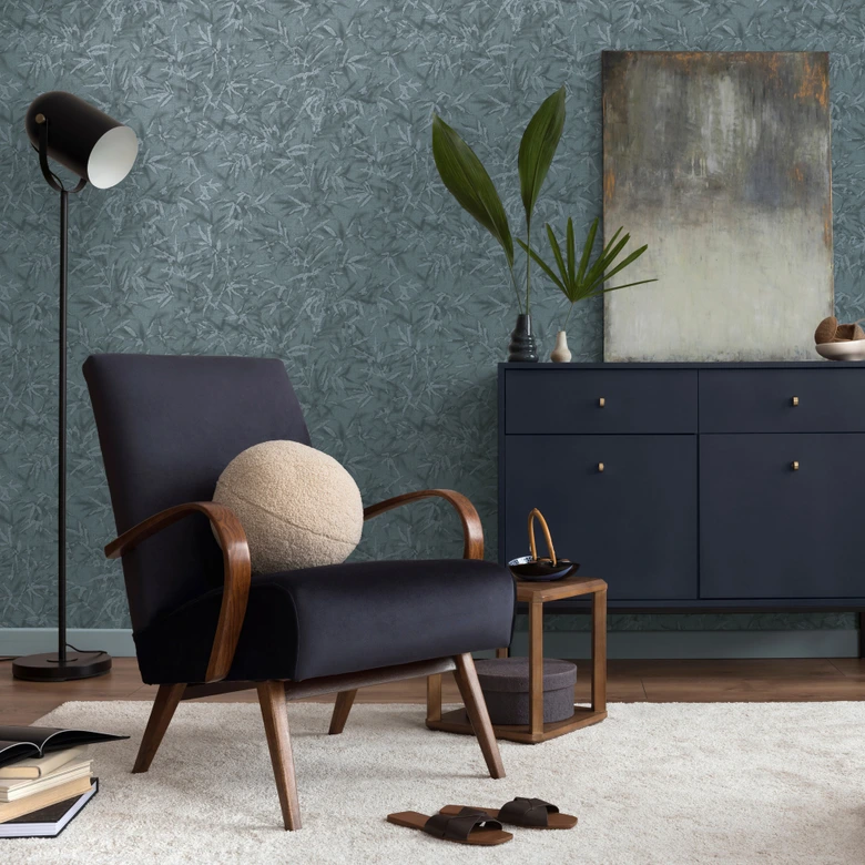 Papel pintado hoja gris azul - Papel pintado de muestra con aspecto de bambú - Papel pintado no tejido moderno 