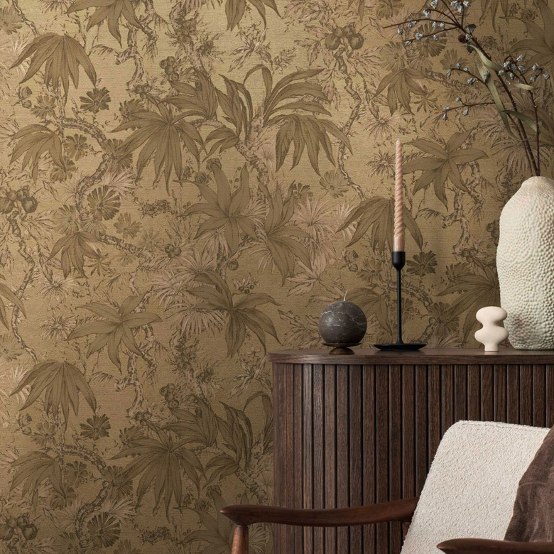 Papier peint botanique marron or - papier peint à motifs floraux exotiques - papier peint intissé 