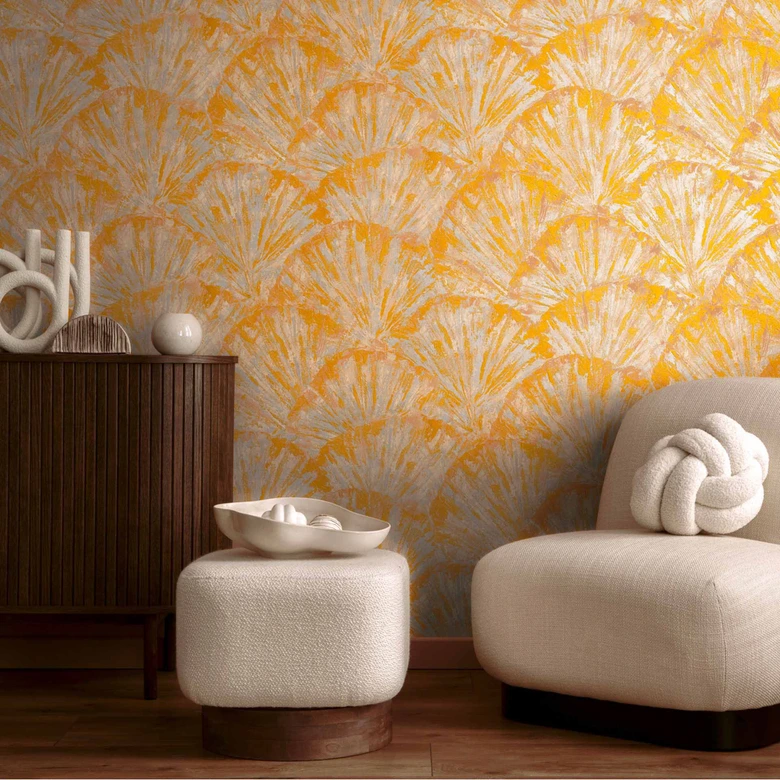 Vinyle expansé avec motif en éventail jaune beige - Papier peint intissé vif brillant 