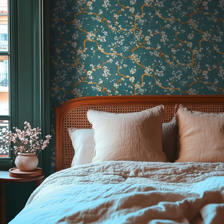 Papier peint branche fleurie vert foncé or blanc - motif fleurs asiatiques - papier peint intissé 