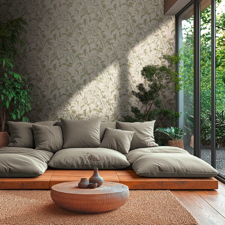 Papel pintado botánico beige verde - motivo de hojas de plantas - Papel pintado no tejido  