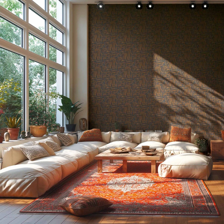 Papel pintado texturado con estructura de lino marrón negro - Muestra geométrica 