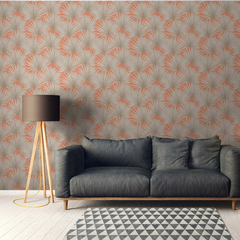 Vliestapete Palmen-Blätter Orange Beige - Dschungel Tapete Wohnzimmer 