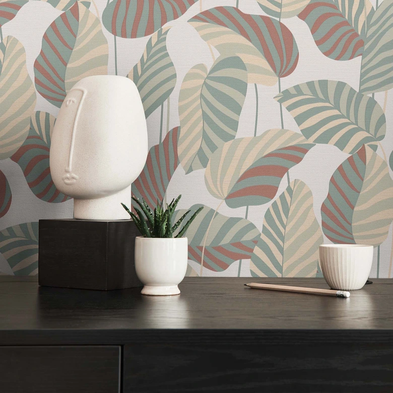 behang planten bladeren wit groen oranje rood - modern vliesbehang 