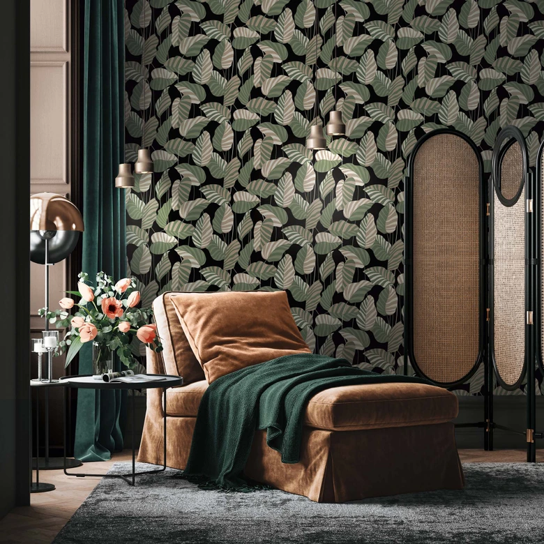 Papier peint Feuilles Vert Noir - papier peint intissé végétal floral moderne 