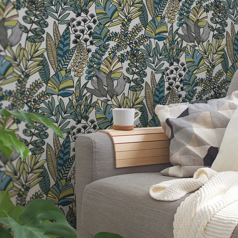 Jungle papier peint feuilles plantes vert bleu blanc - modèle papier peint intissé 