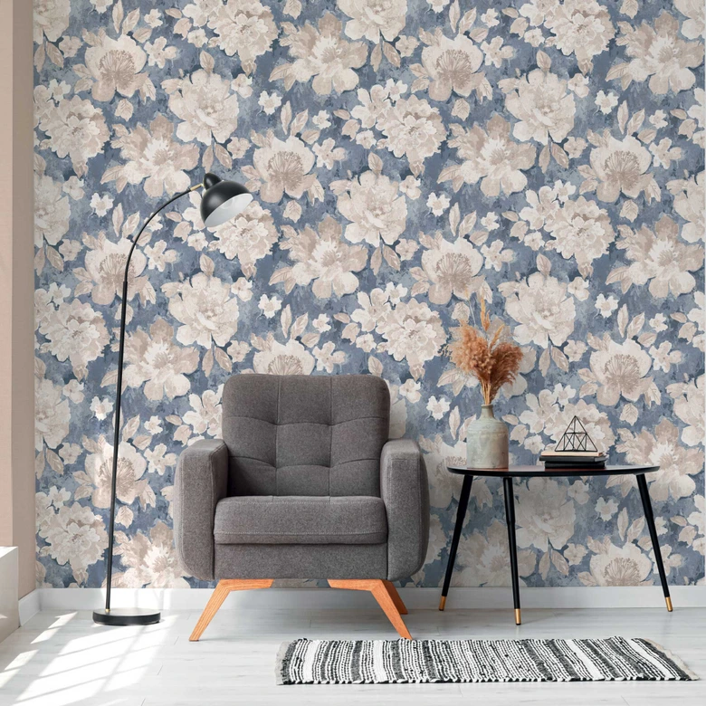 Papier peint floral Vintage bleu beige - papier peint fleuri rétro - papier peint intissé 