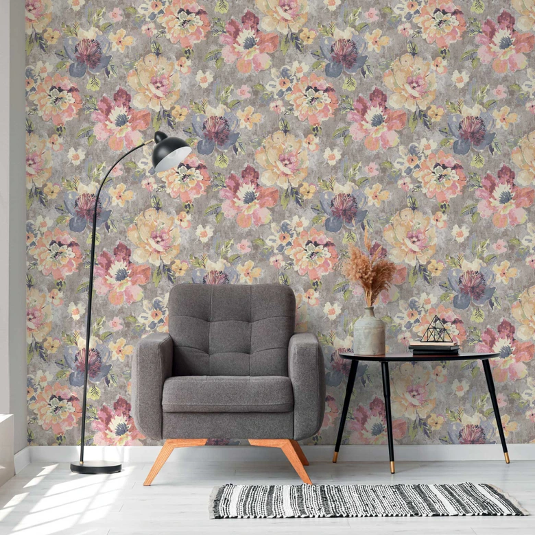 Vintage pastellfärgad blommig tapet - blommönster tapet retro - non-woven tapet 