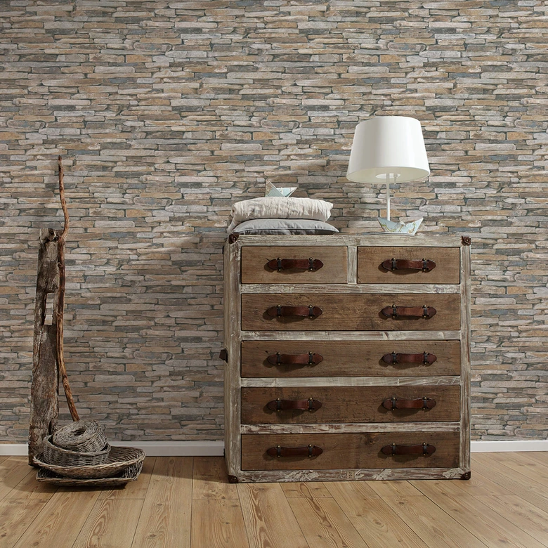 A.S. Création Vliestapete Wood and Stone Tapete in Steinoptik Naturstein beige, braun, gelb 