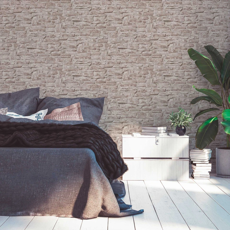 tapet med steneffekt beige grå - industrielt stentapet - non-woven tapet 
