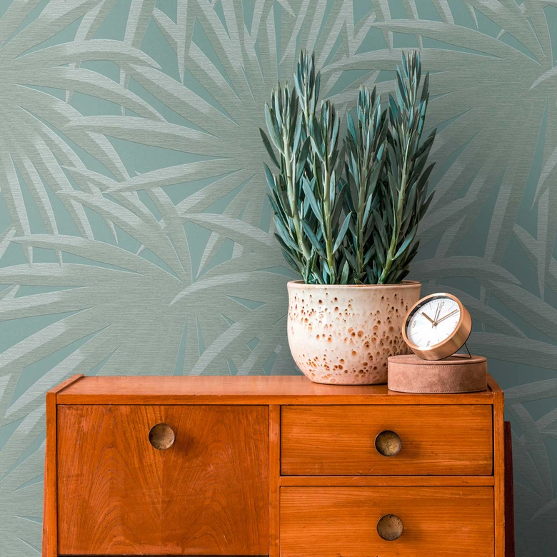 Papel pintado con hojas color menta - Papel pintado tejido-no tejido jungla con hoja de palmera 