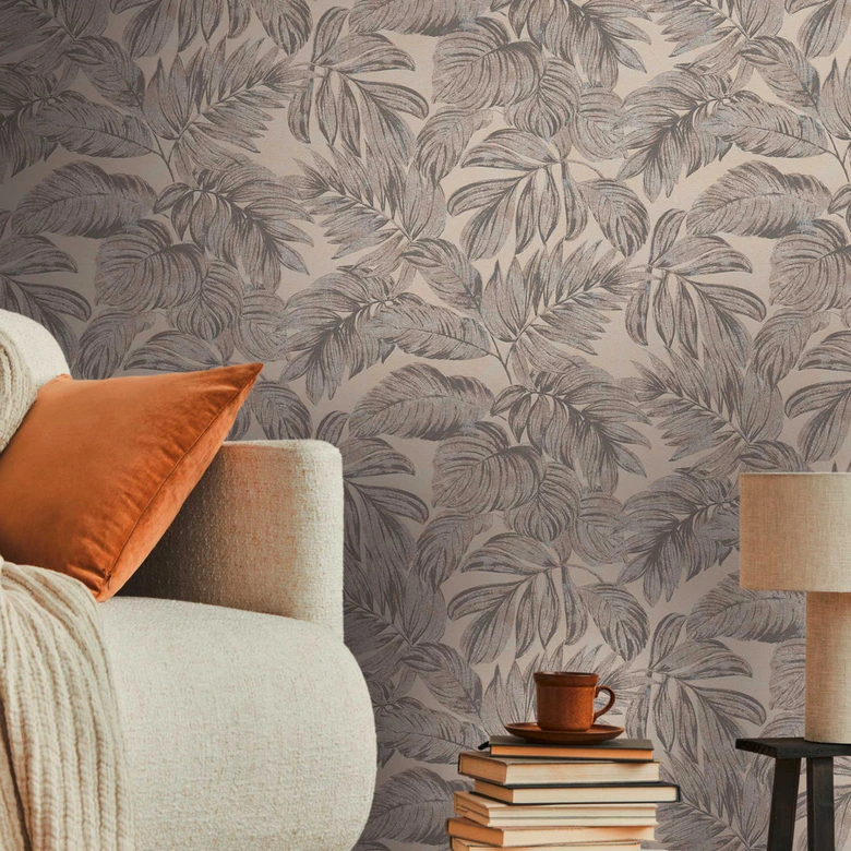 Papel pintado no tejido de hojas de palmera marrón gris - papel pintado jungla para dormitorio 