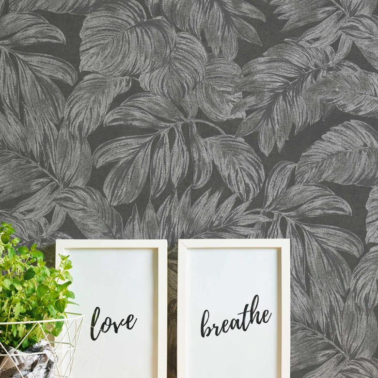 papier peint jungle anthracite gris argenté avec effet métallique - papier peint palmier 