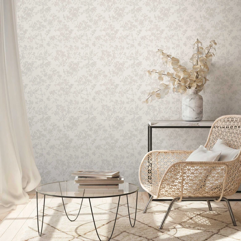 Papel pintado natural flores y capullos beige gris - papel pintado no tejido floral natural 