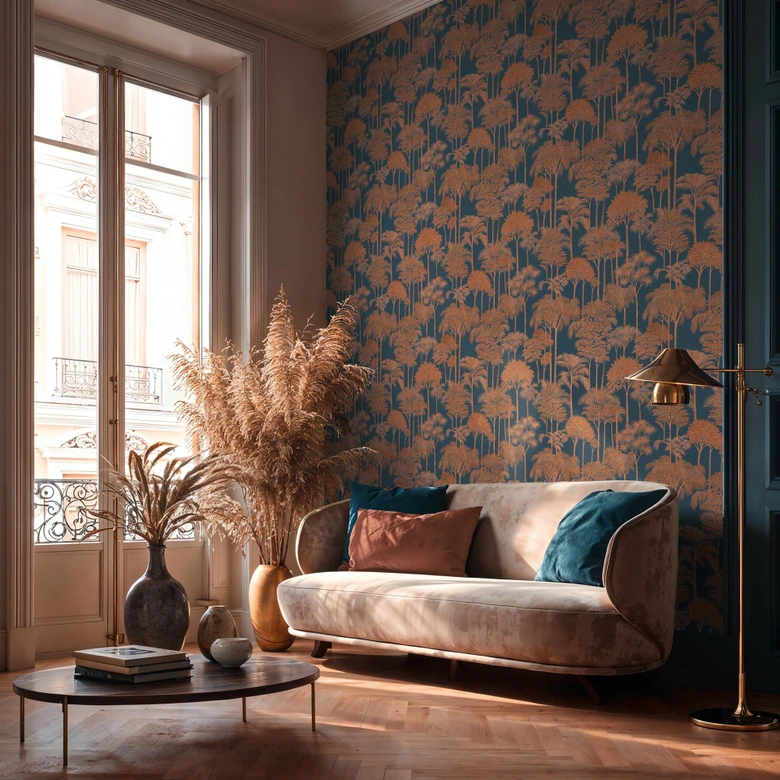 Non-woven wallpaper forest trees palm trees blue brown metallic wallpaper wallpaper nature jungle 