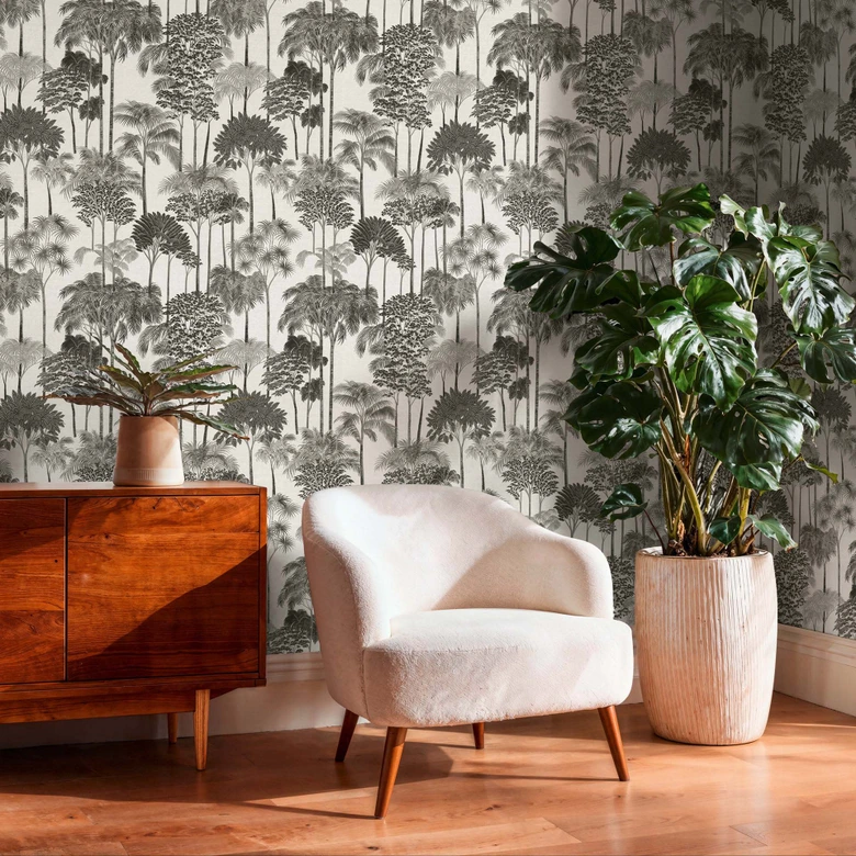 Non-woven wallpaper forest trees palm trees gray black white metallic wallpaper wallpaper nature 