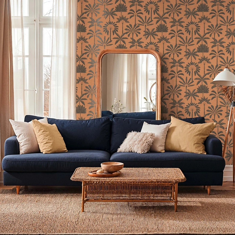 Ikke-vævet tapet palmer orange sort metallic tapet tapet blade natur 